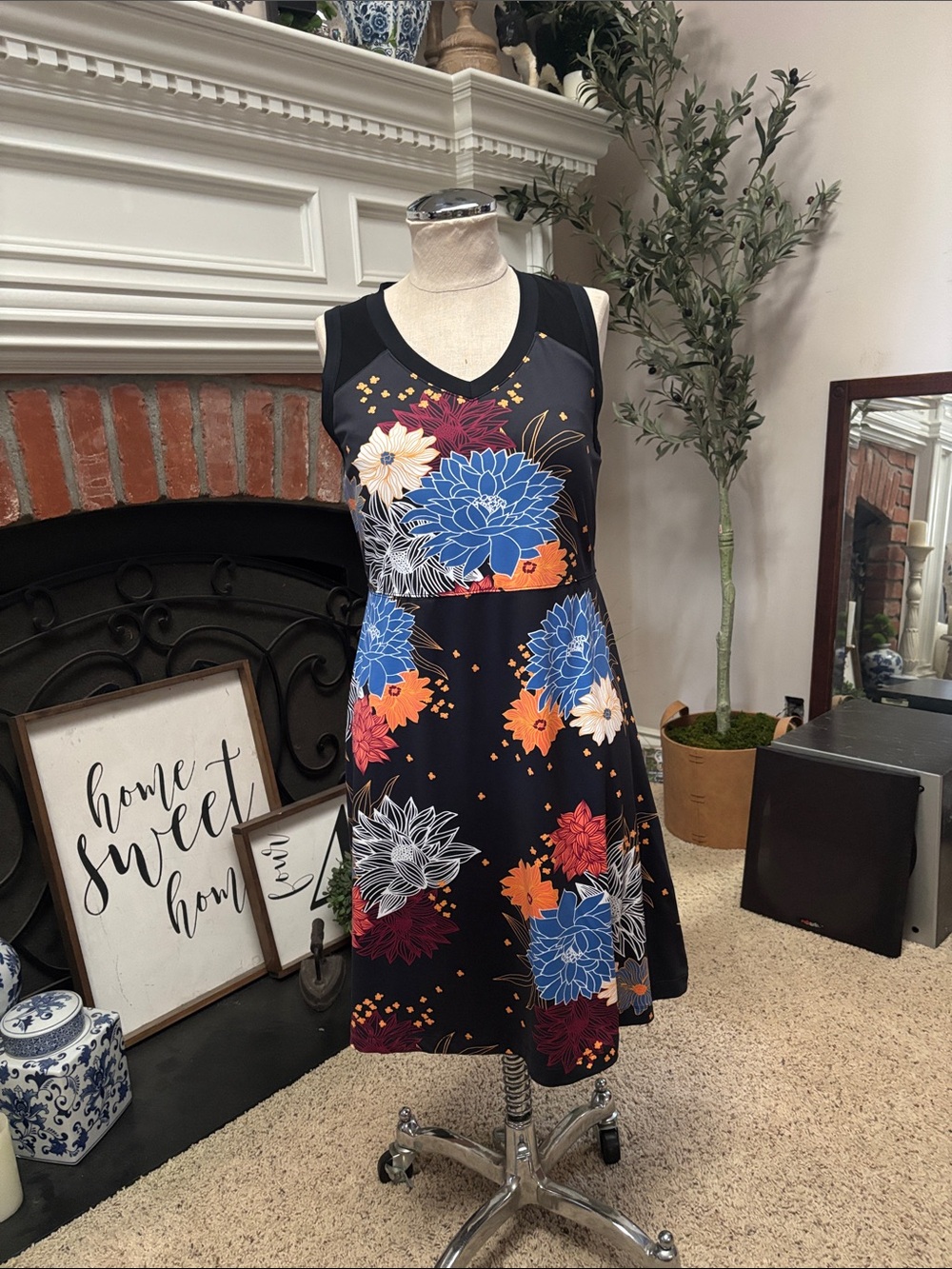 Title Nine Black Floral Sleeveless A-Line Dress with Blue & Orange Blooms